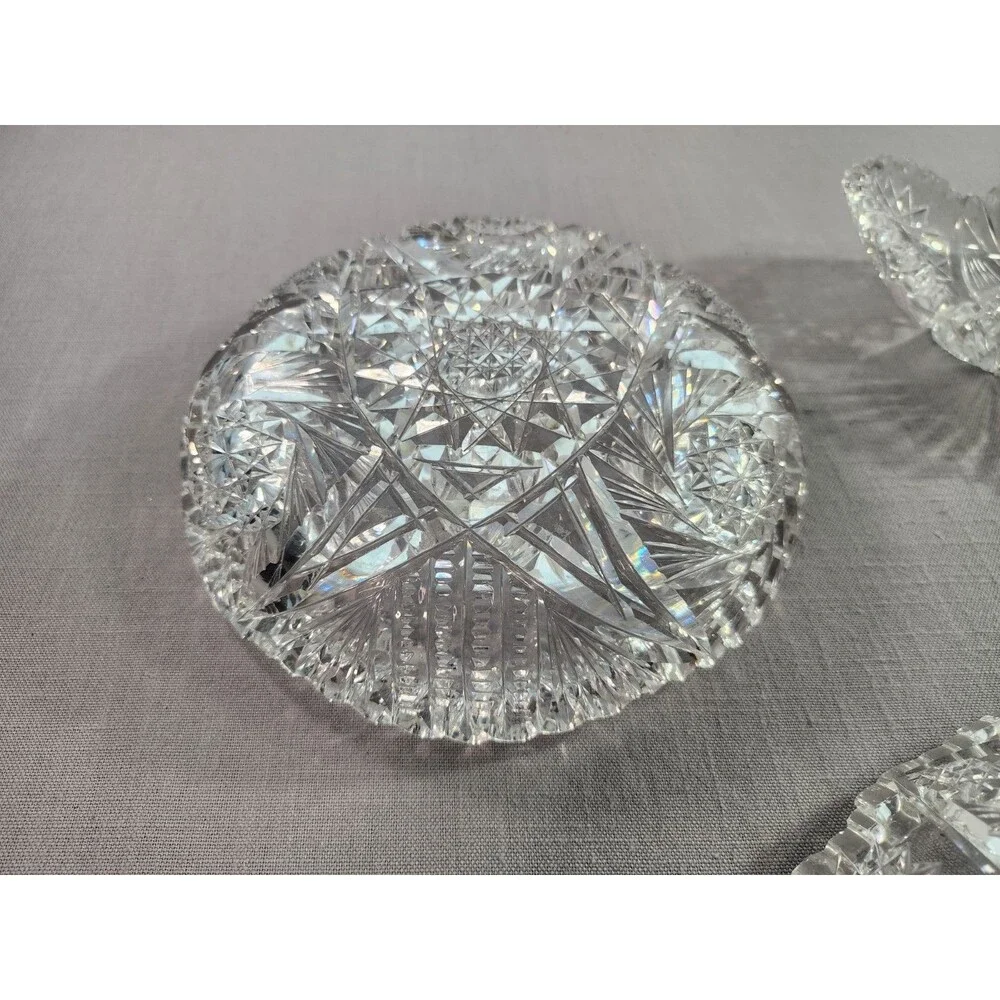 Vintage Cut Glass Round Serving Bowl 8” Pinwheel Starburst Sawtooth Rim